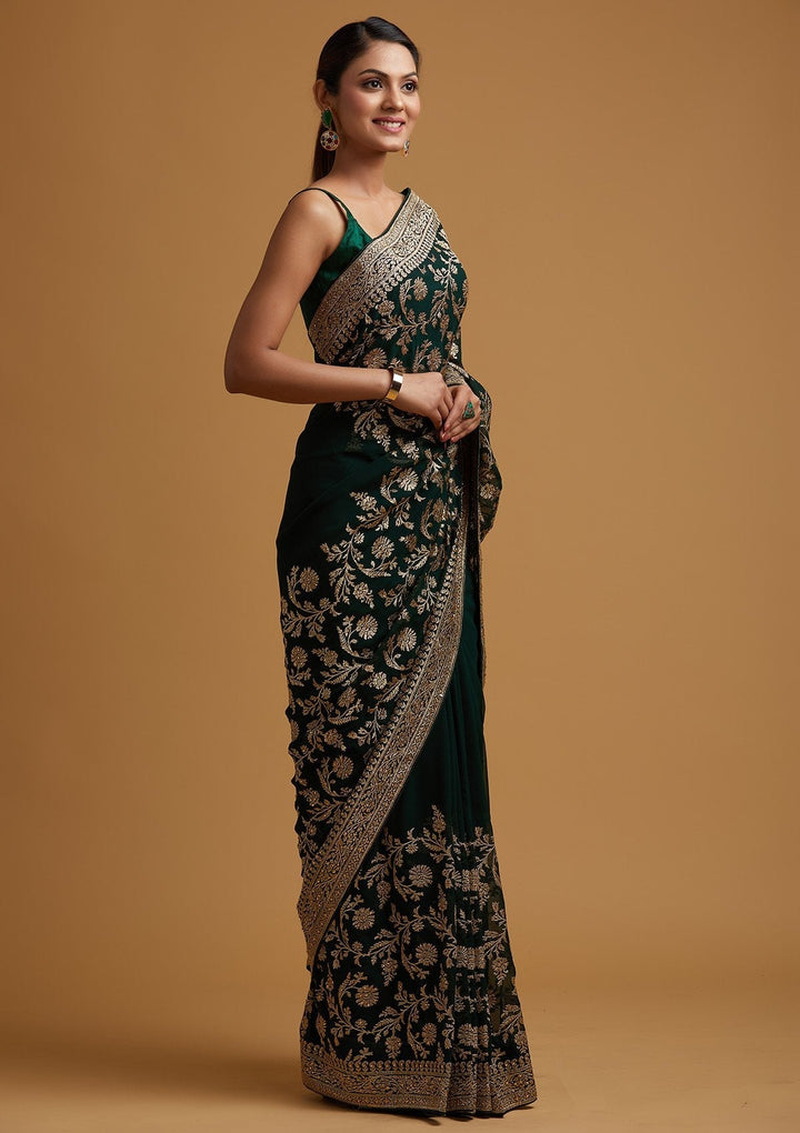 Bottle Green Zariwork Georgette Designer Saree - koskii