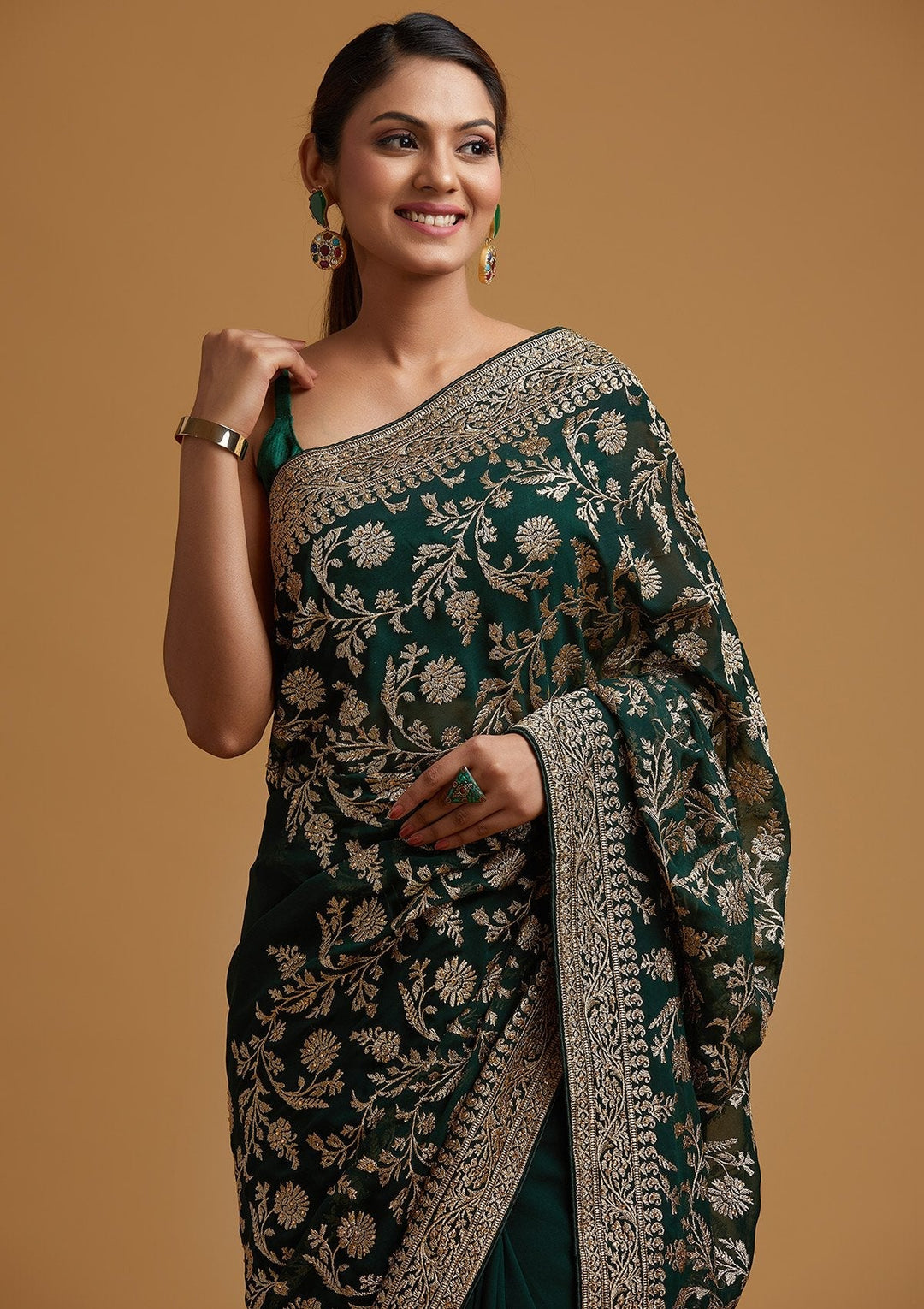 Bottle Green Zariwork Georgette Designer Saree - koskii