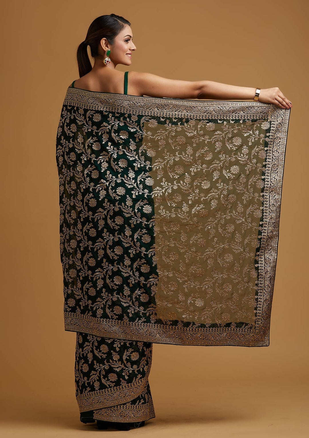 Bottle Green Zariwork Georgette Designer Saree - koskii