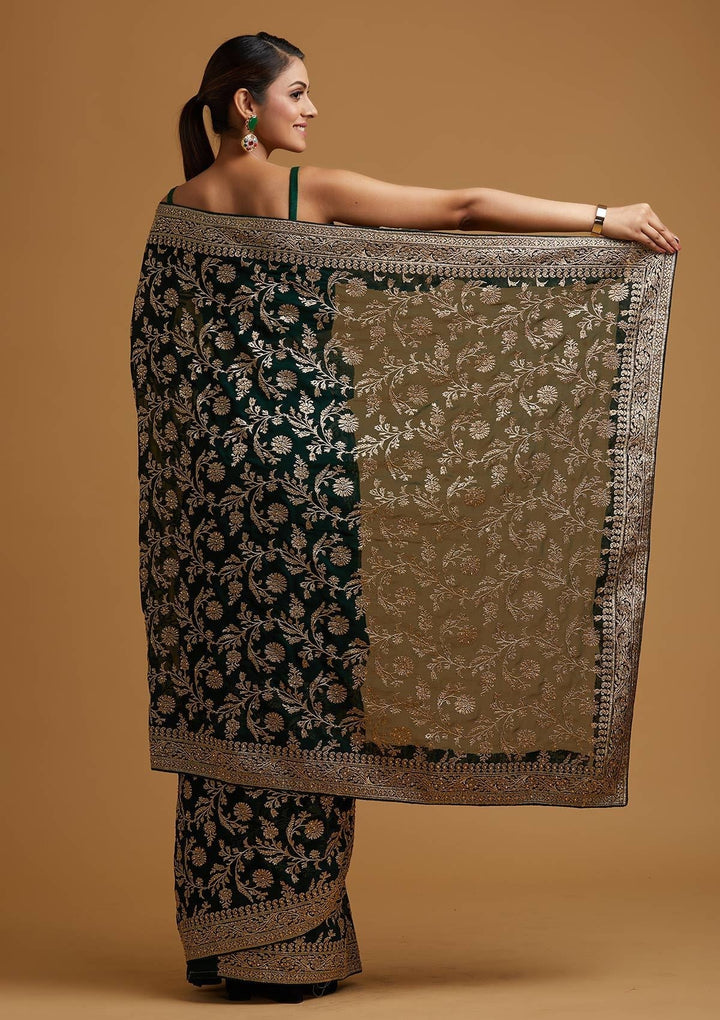 Bottle Green Zariwork Georgette Designer Saree - koskii