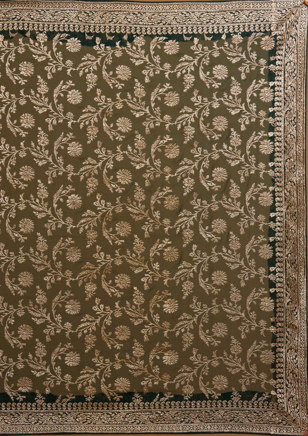 Bottle Green Zariwork Georgette Designer Saree - koskii