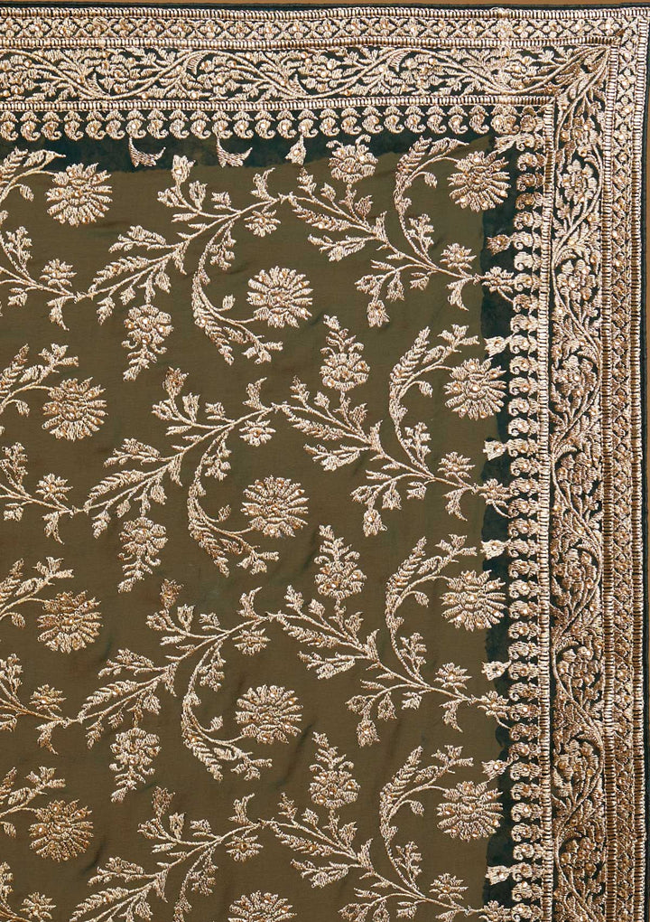 Bottle Green Zariwork Georgette Designer Saree - koskii