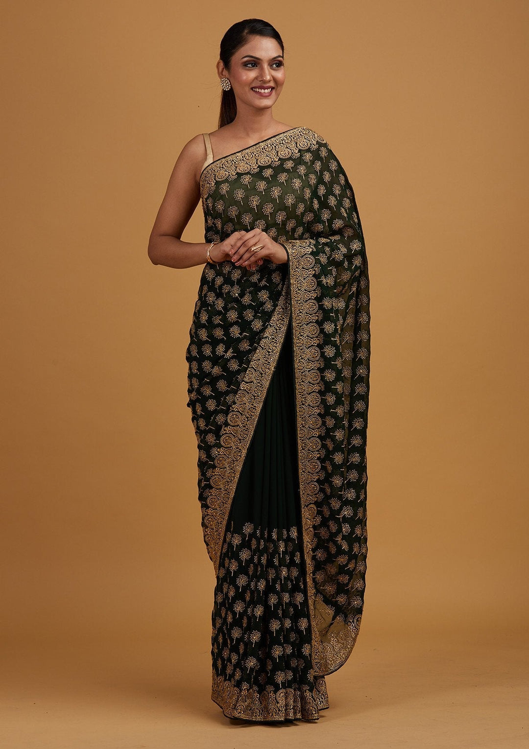 Bottle Green Zariwork Georgette Designer Saree - Koskii