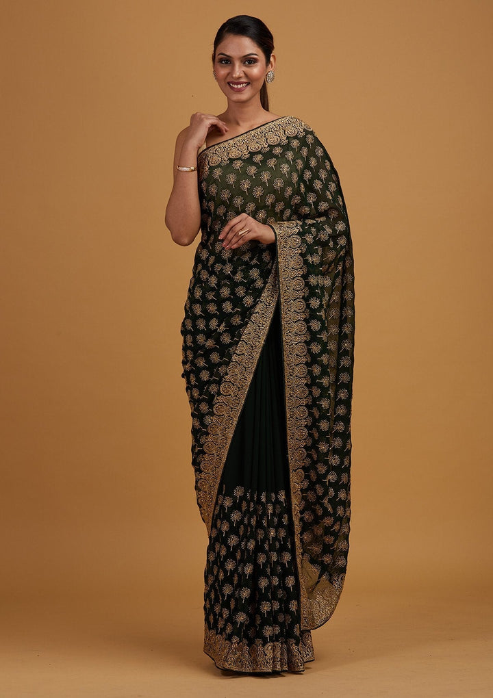 Bottle Green Zariwork Georgette Designer Saree - Koskii