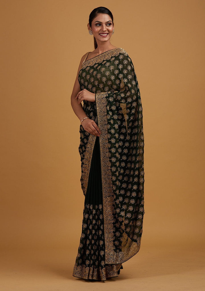 Bottle Green Zariwork Georgette Designer Saree - Koskii