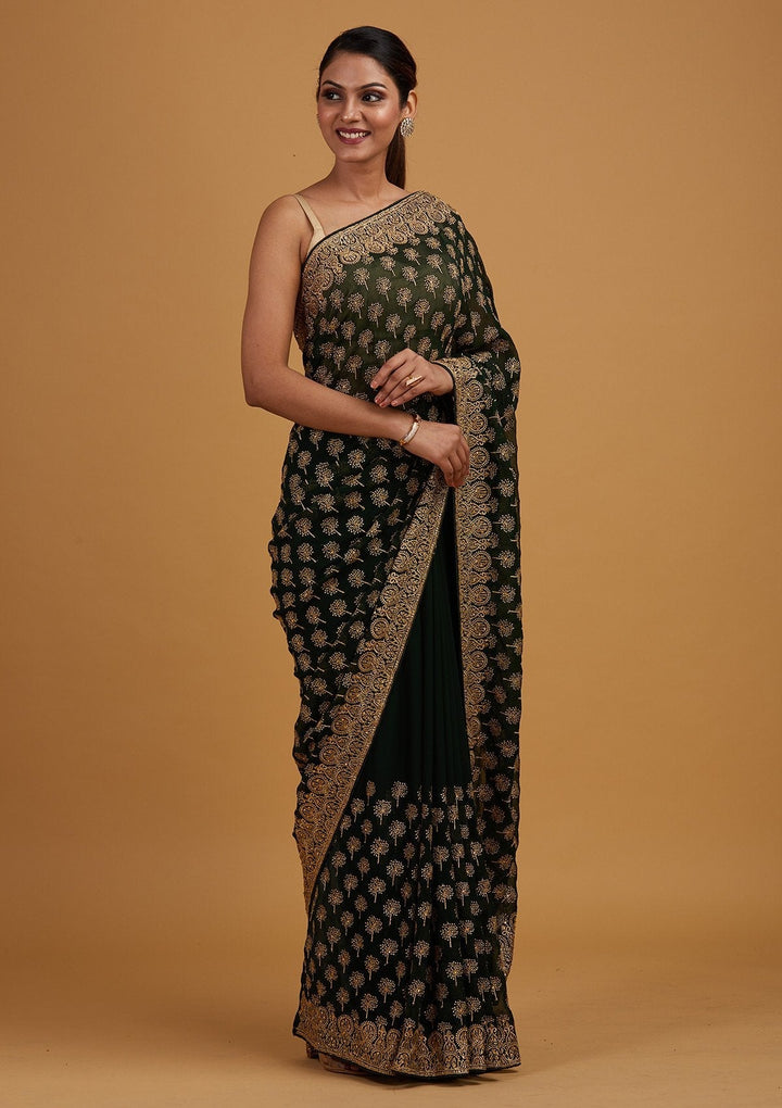 Bottle Green Zariwork Georgette Designer Saree - Koskii
