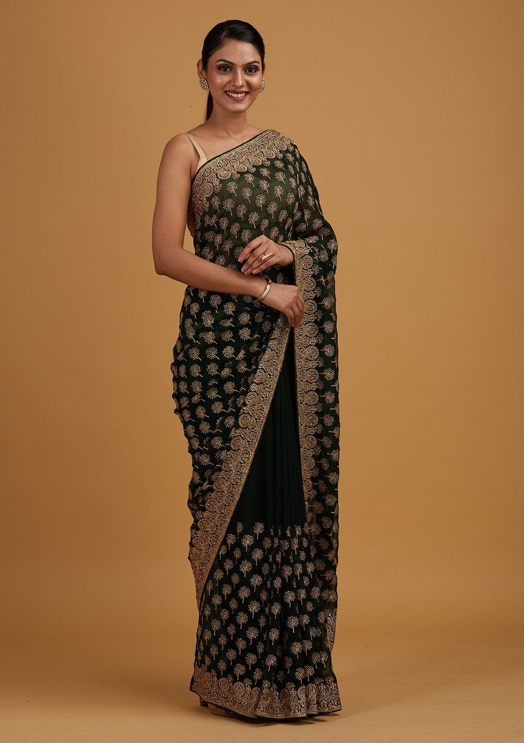Bottle Green Zariwork Georgette Designer Saree - Koskii