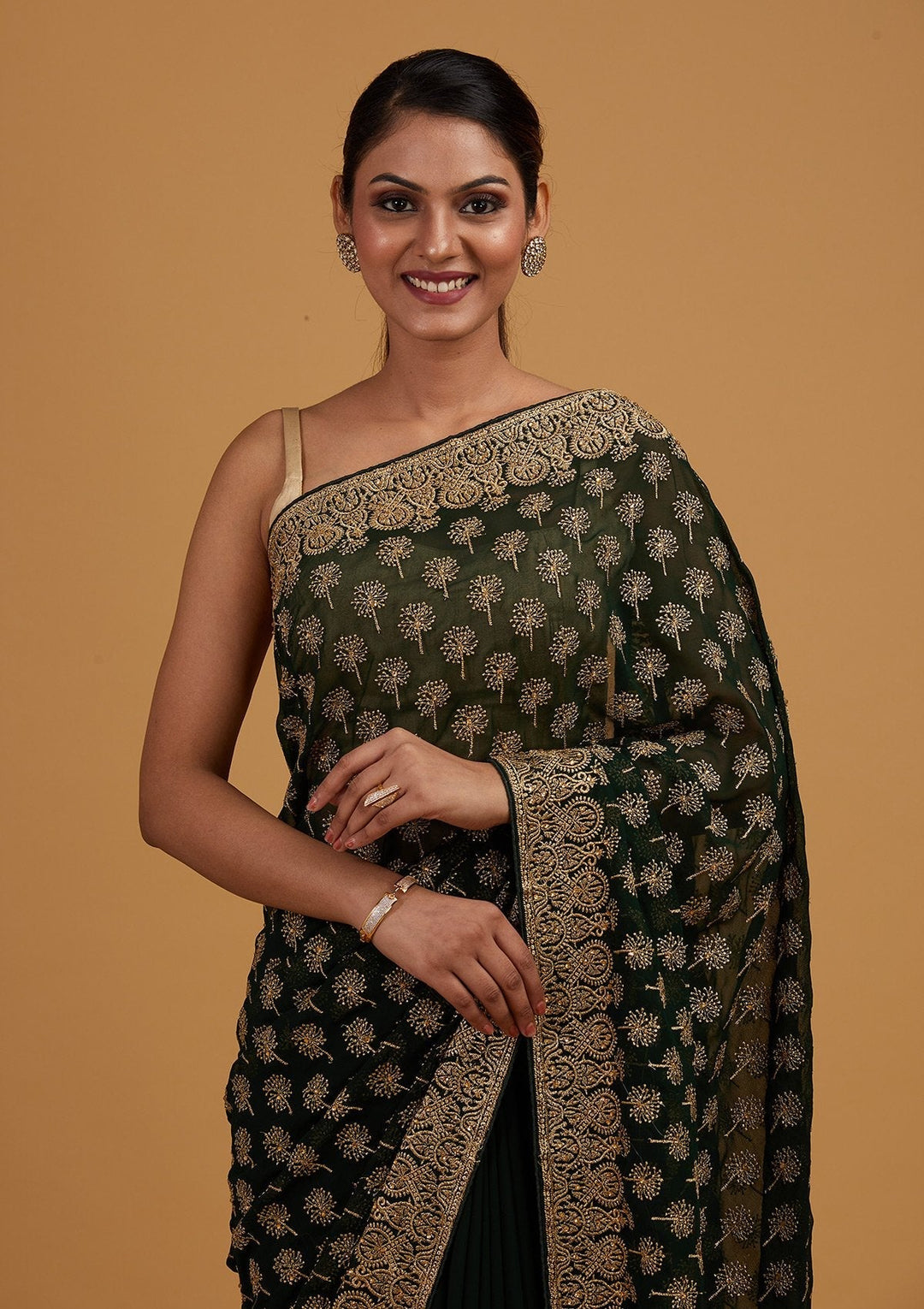 Bottle Green Zariwork Georgette Designer Saree - Koskii