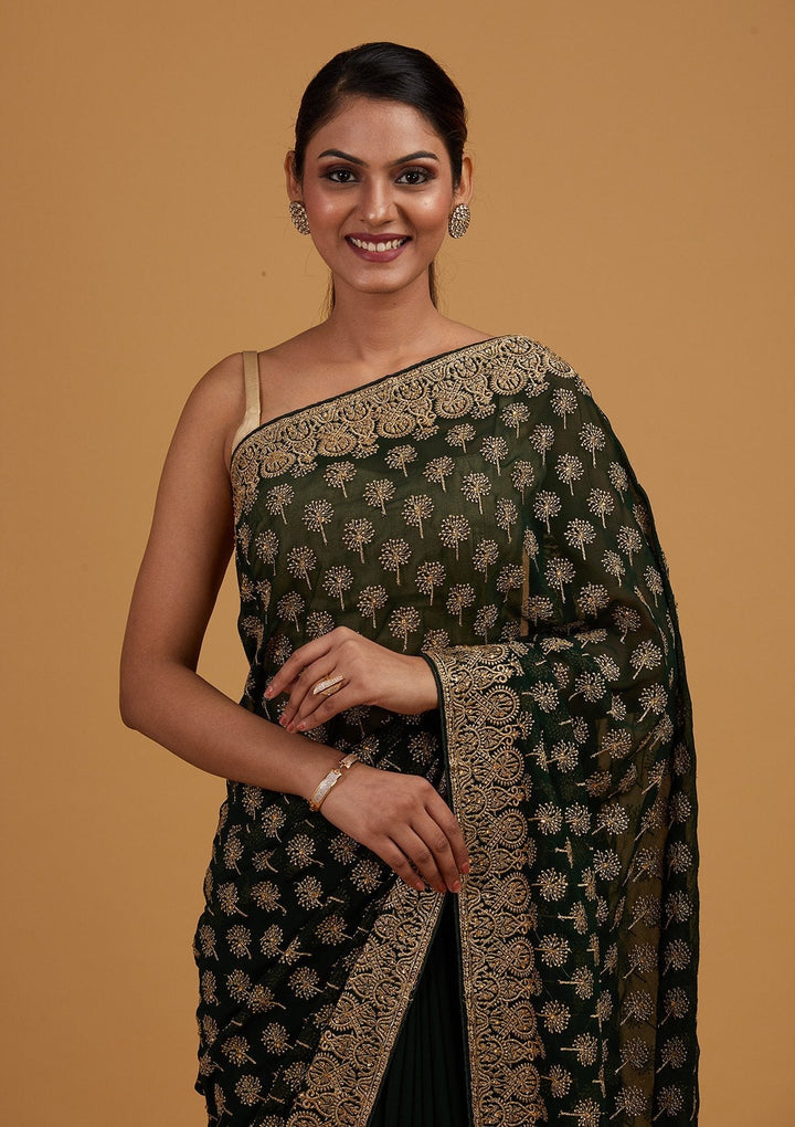 Bottle Green Zariwork Georgette Designer Saree - Koskii