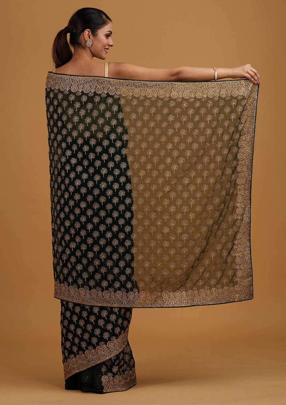 Bottle Green Zariwork Georgette Designer Saree - Koskii
