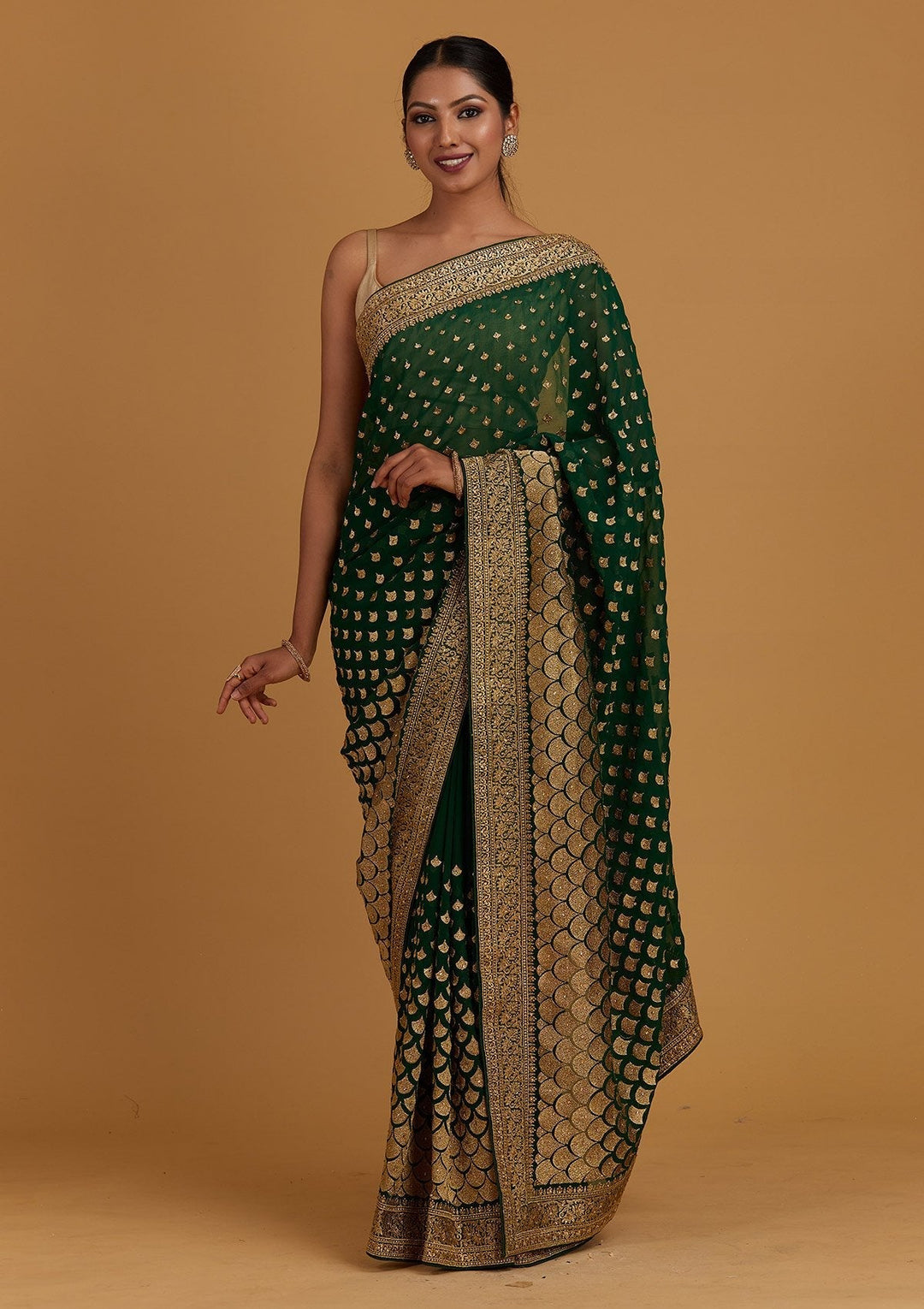 Bottle Green Zariwork Georgette Designer Saree - Koskii