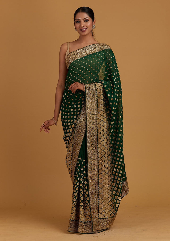 Bottle Green Zariwork Georgette Designer Saree - Koskii
