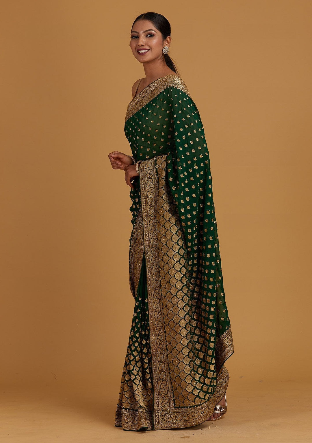 Bottle Green Zariwork Georgette Designer Saree - Koskii