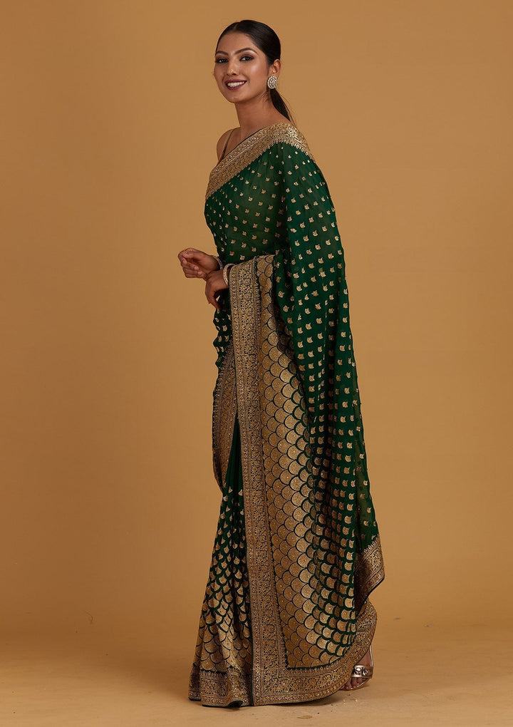 Bottle Green Zariwork Georgette Designer Saree - Koskii
