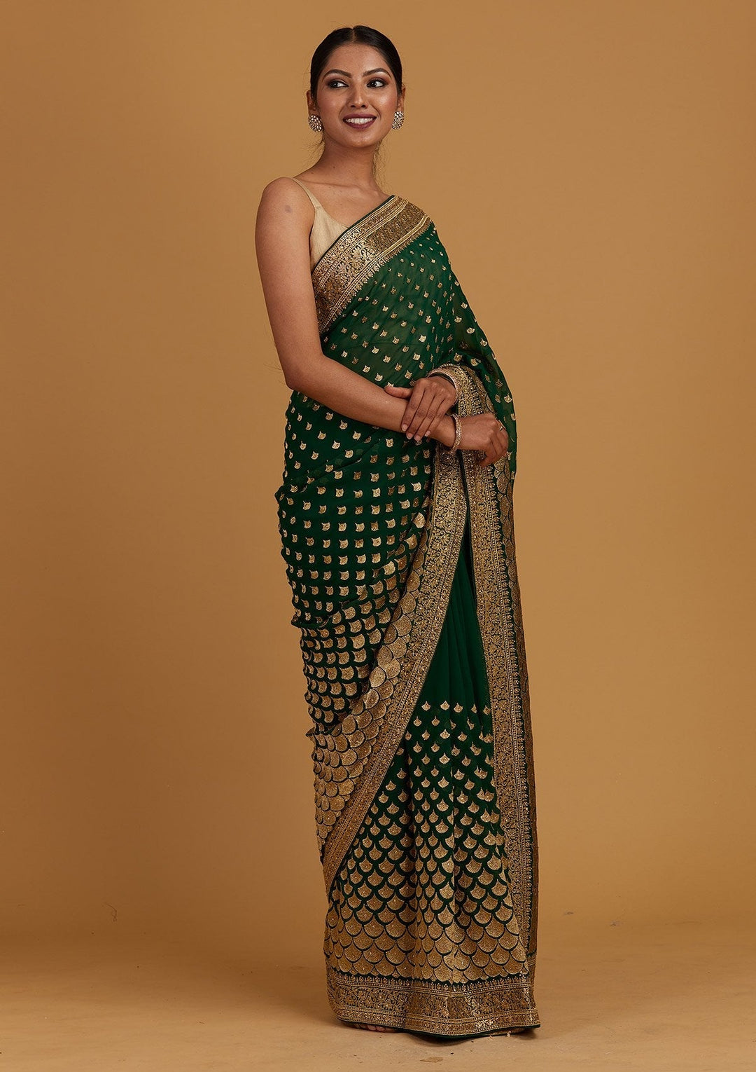 Bottle Green Zariwork Georgette Designer Saree - Koskii