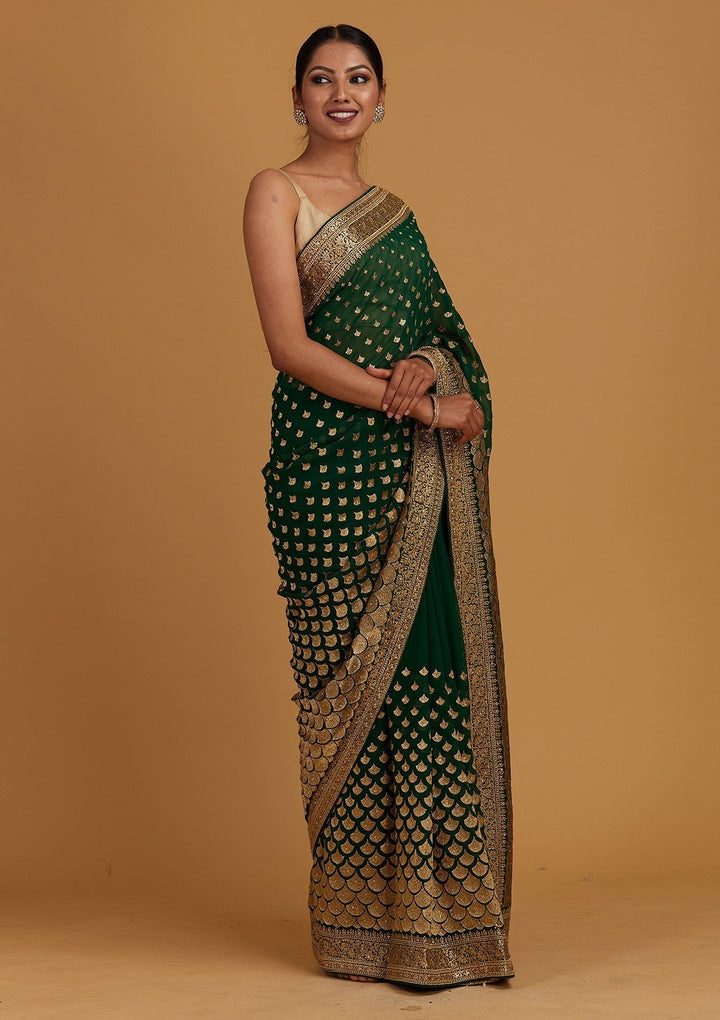 Bottle Green Zariwork Georgette Designer Saree - Koskii