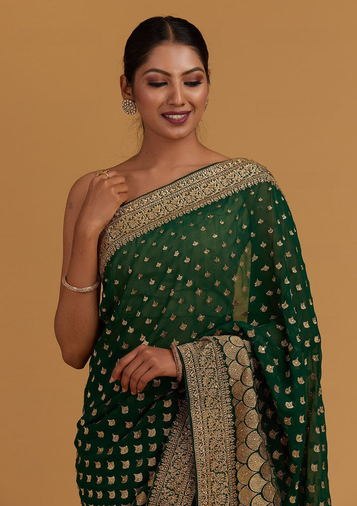 Bottle Green Zariwork Georgette Designer Saree - Koskii