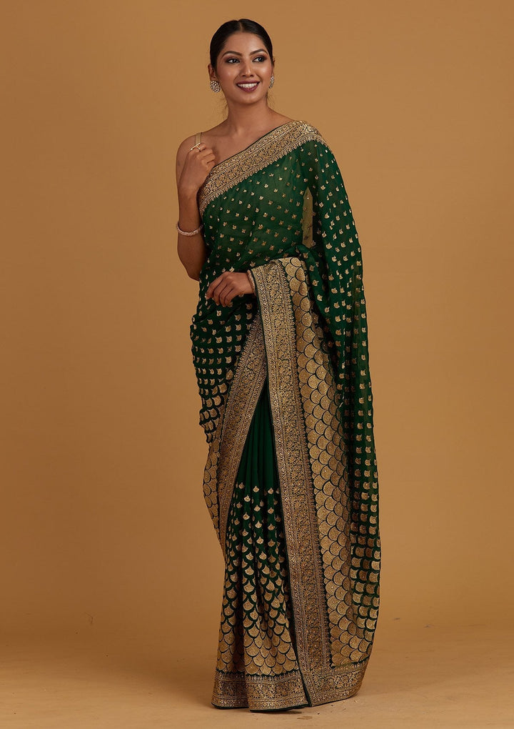 Bottle Green Zariwork Georgette Designer Saree - Koskii