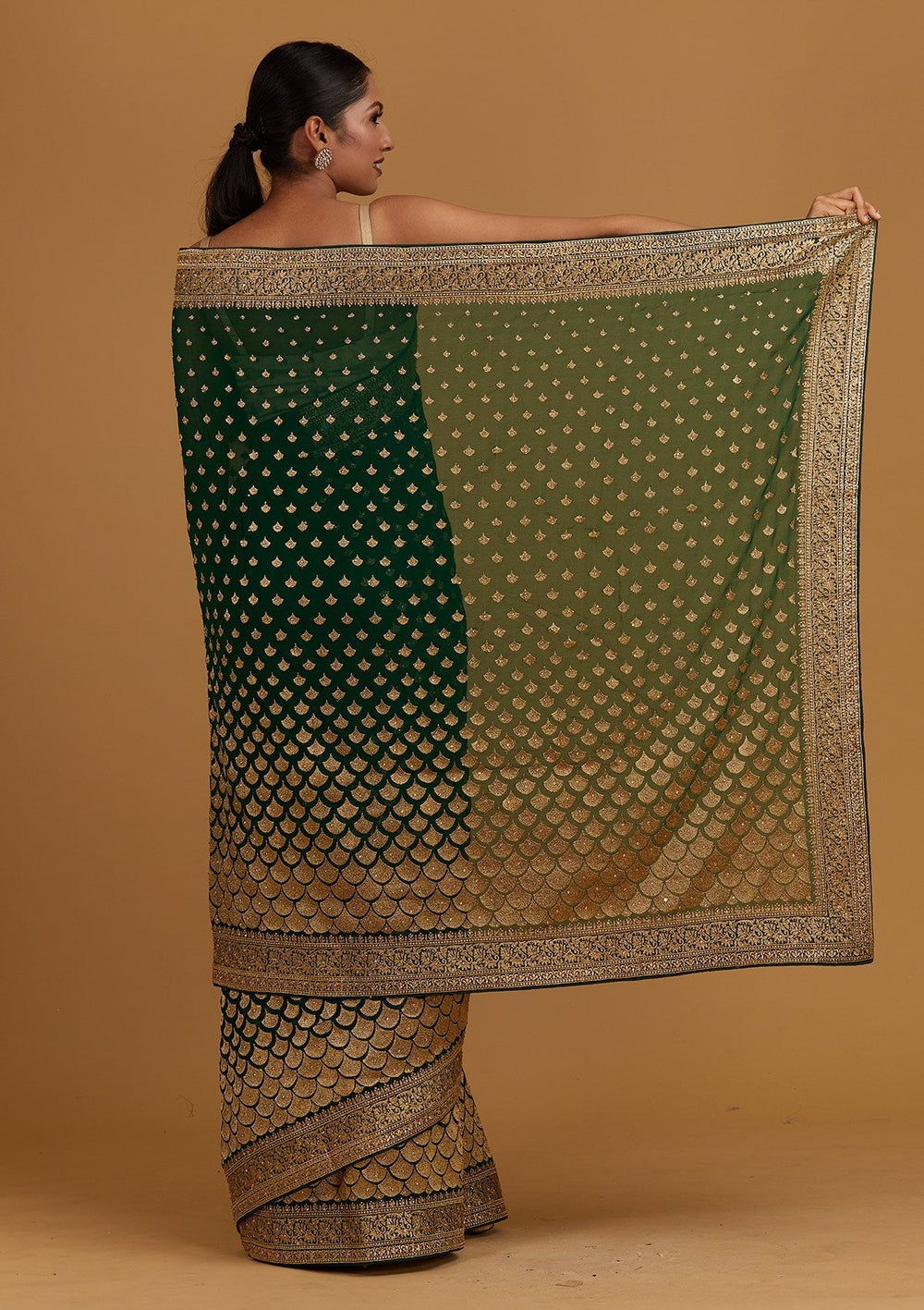 Bottle Green Zariwork Georgette Designer Saree - Koskii