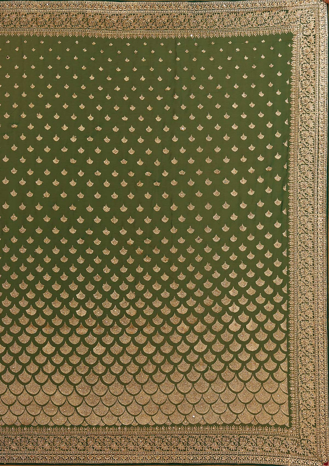 Bottle Green Zariwork Georgette Designer Saree - Koskii