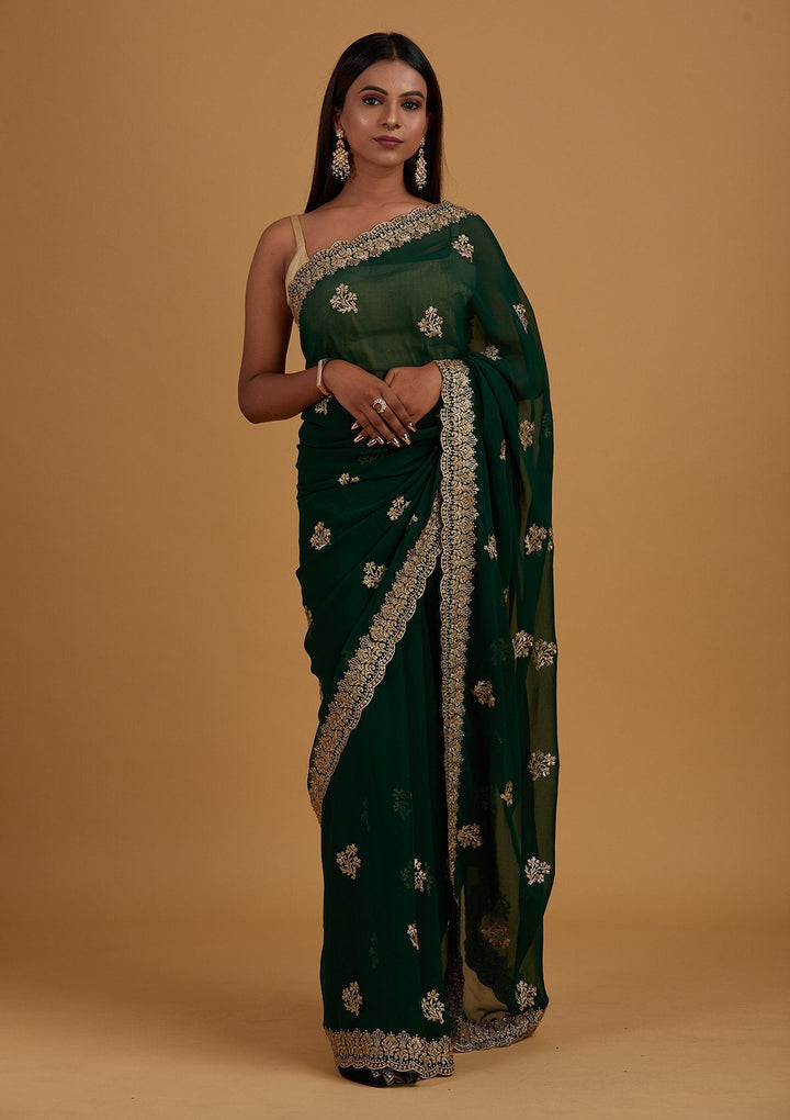 Bottle Green Zariwork Georgette Designer Saree - Koskii