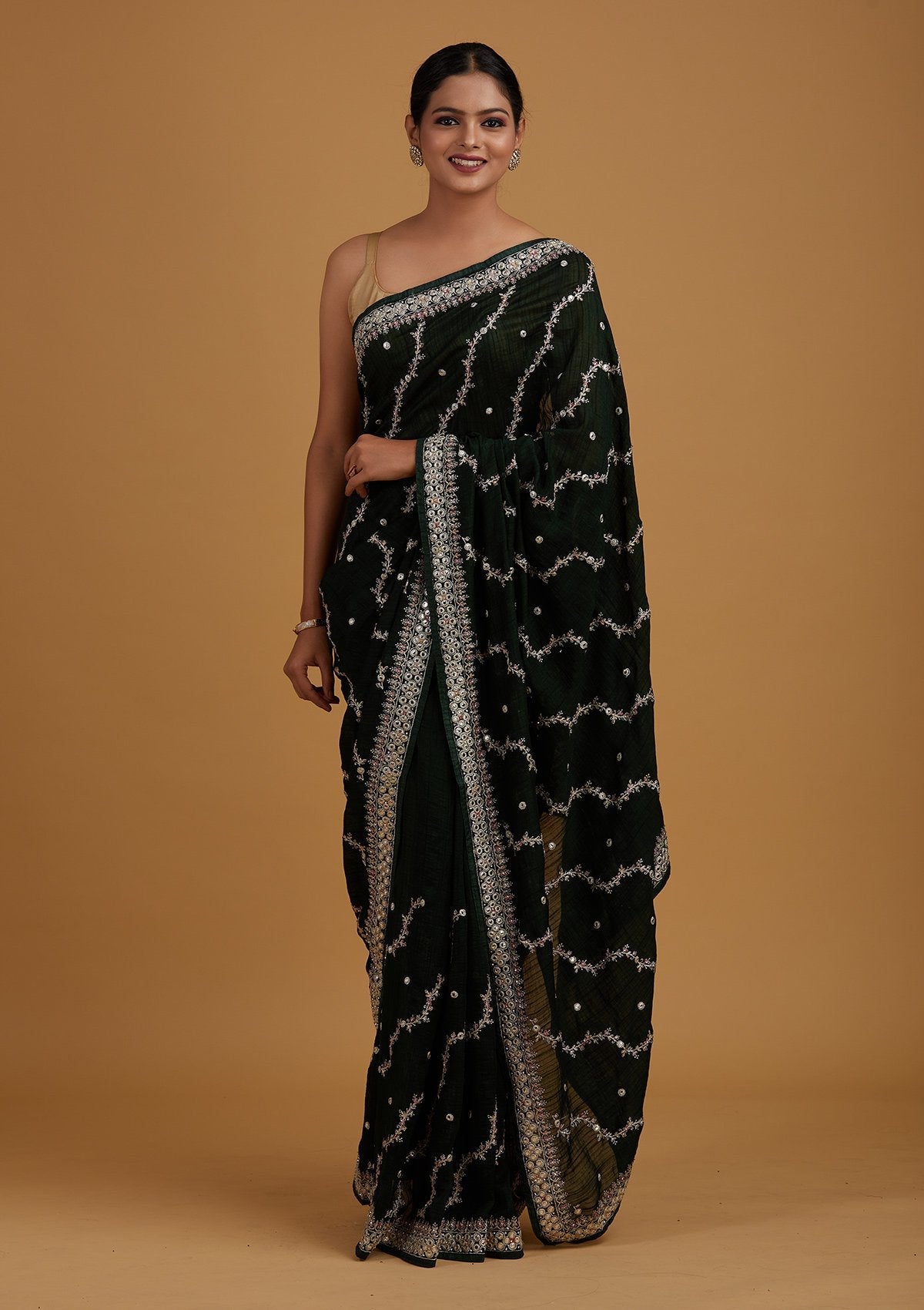 Bottle Green Silver Zariwork Raw Silk Designer Saree - Koskii