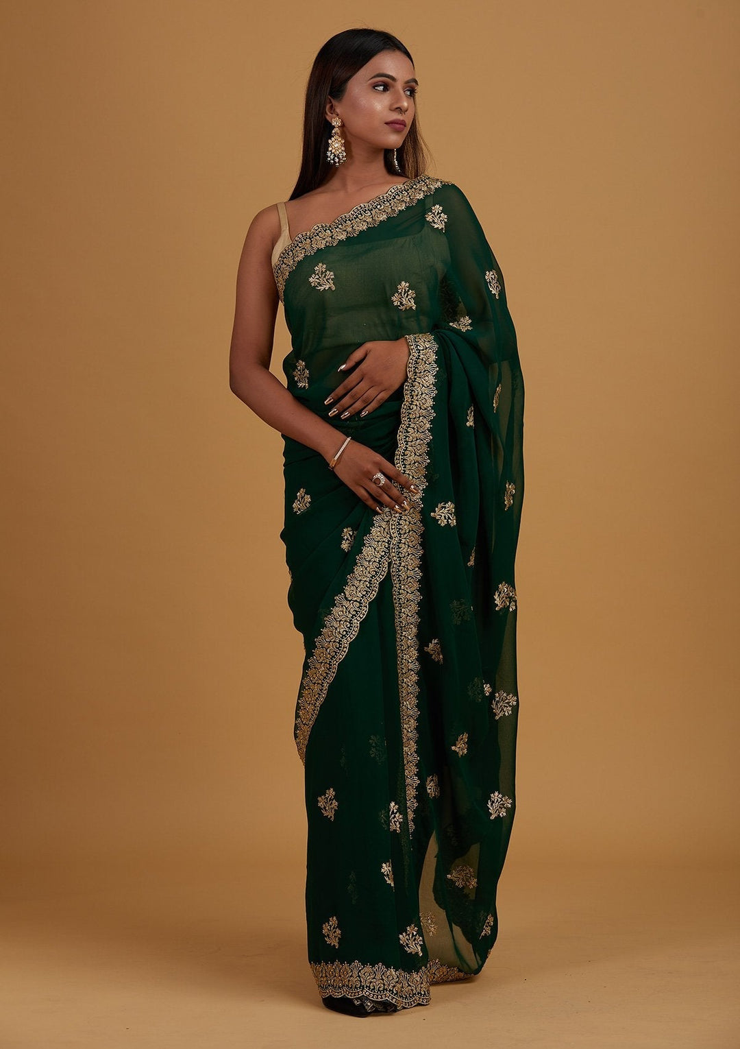 Bottle Green Zariwork Georgette Designer Saree - Koskii