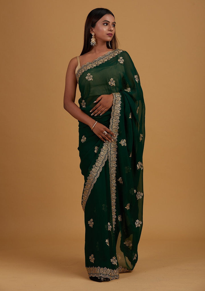 Bottle Green Zariwork Georgette Designer Saree - Koskii