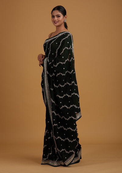 Bottle Green Silver Zariwork Raw Silk Designer Saree - Koskii