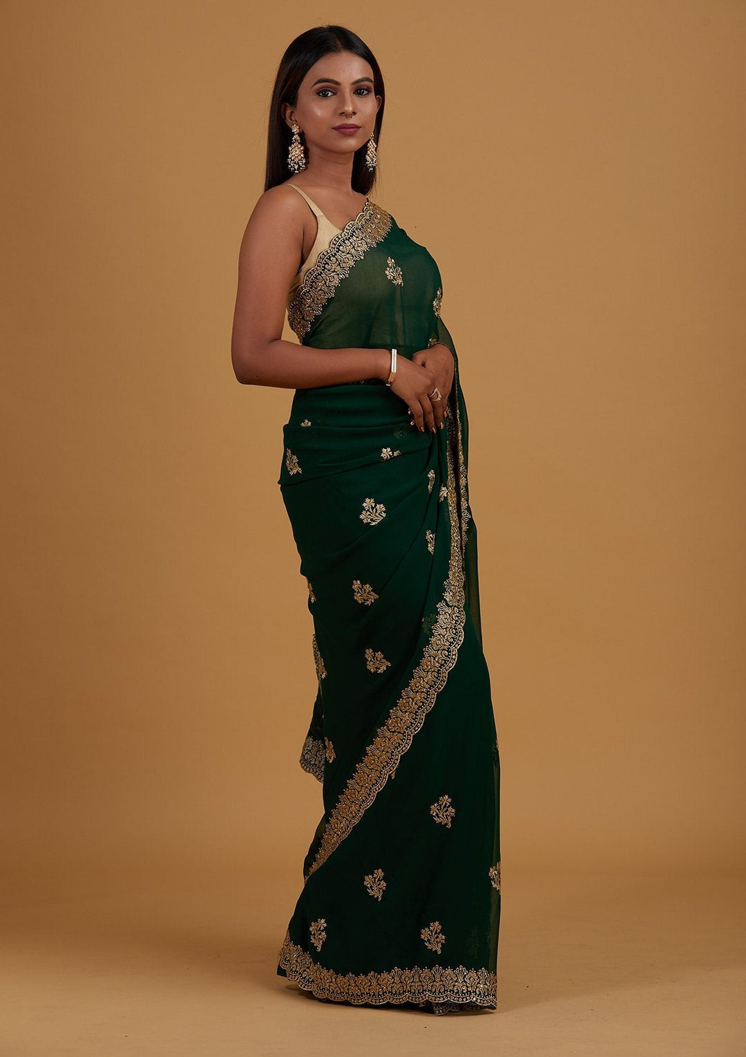 Bottle Green Zariwork Georgette Designer Saree - Koskii