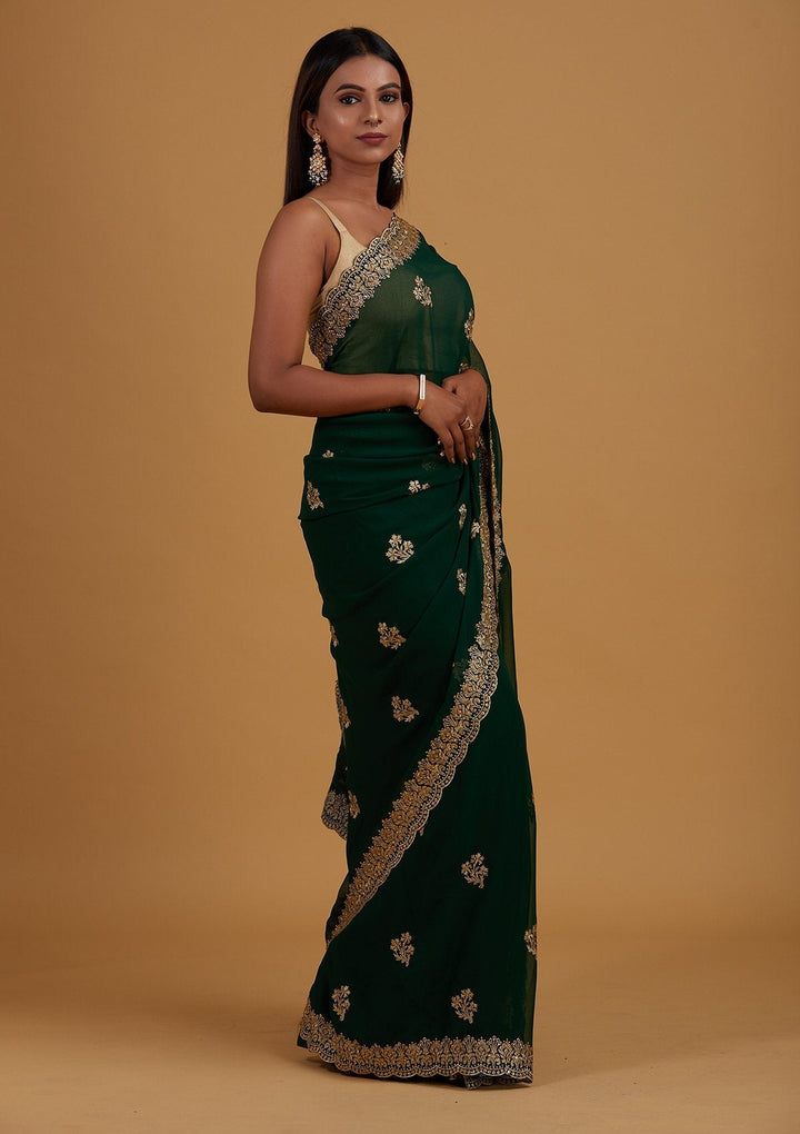 Bottle Green Zariwork Georgette Designer Saree - Koskii