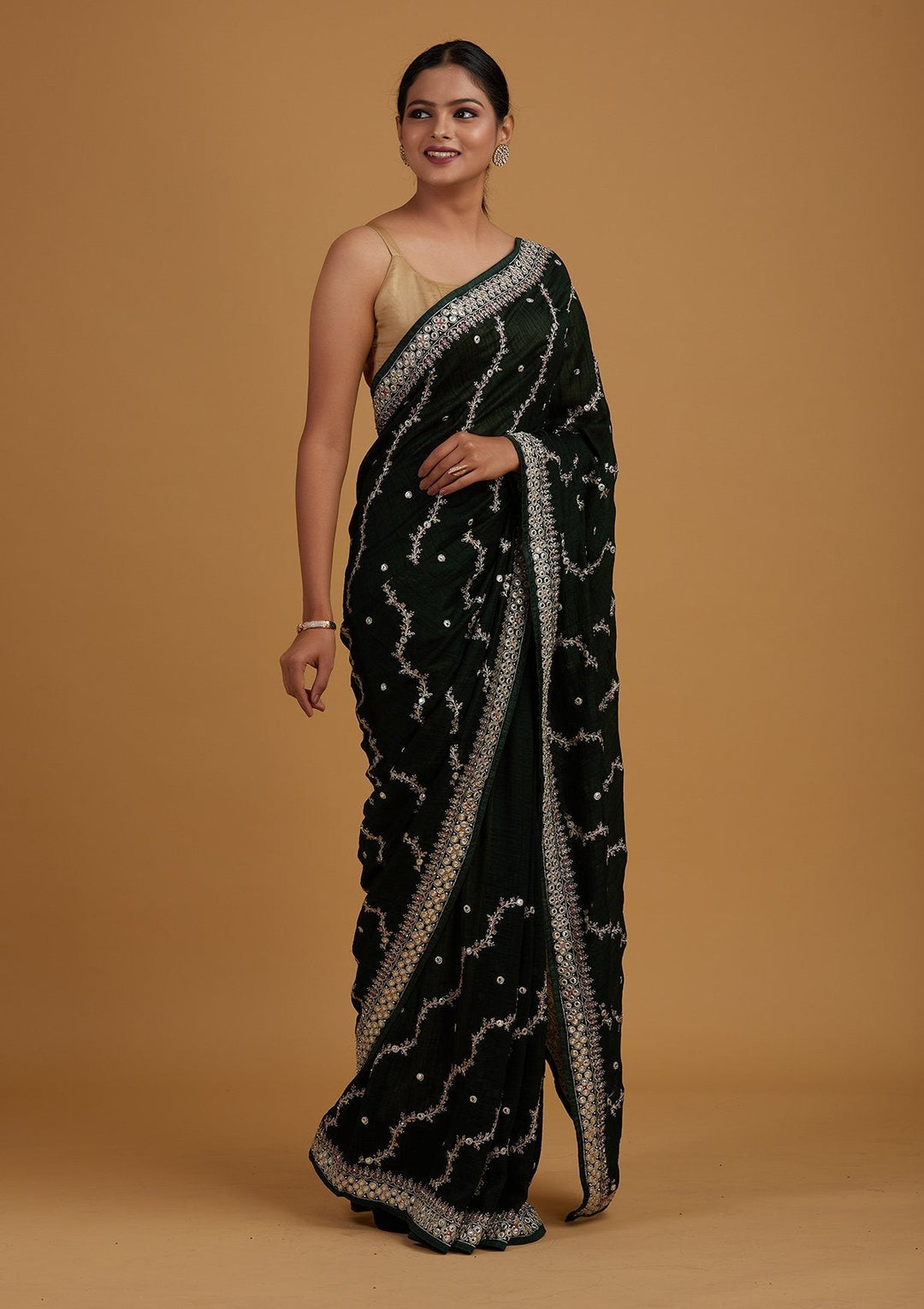 Bottle Green Silver Zariwork Raw Silk Designer Saree - Koskii