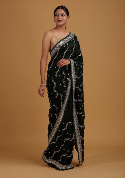 Bottle Green Silver Zariwork Raw Silk Designer Saree - Koskii