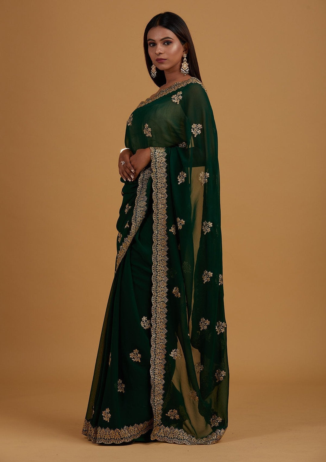 Bottle Green Zariwork Georgette Designer Saree - Koskii