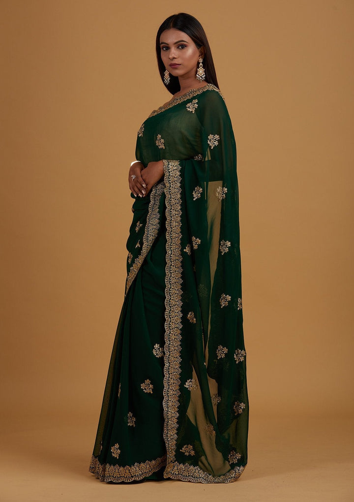 Bottle Green Zariwork Georgette Designer Saree - Koskii