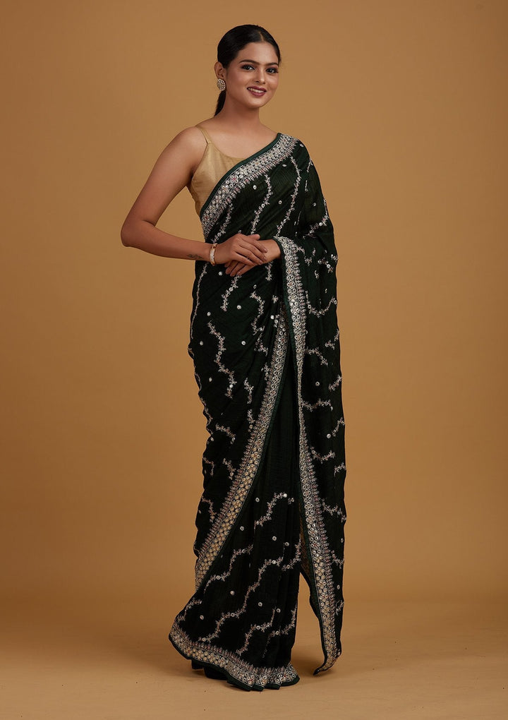Bottle Green Silver Zariwork Raw Silk Designer Saree - Koskii