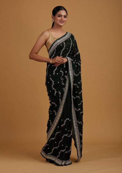 Bottle Green Silver Zariwork Raw Silk Designer Saree - Koskii