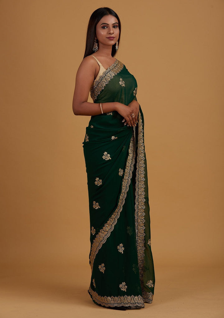 Bottle Green Zariwork Georgette Designer Saree - Koskii