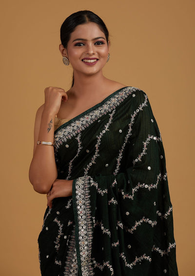 Bottle Green Silver Zariwork Raw Silk Designer Saree - Koskii