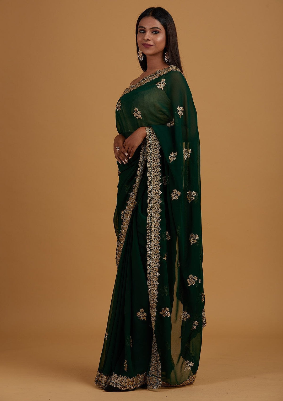 Bottle Green Zariwork Georgette Designer Saree - Koskii