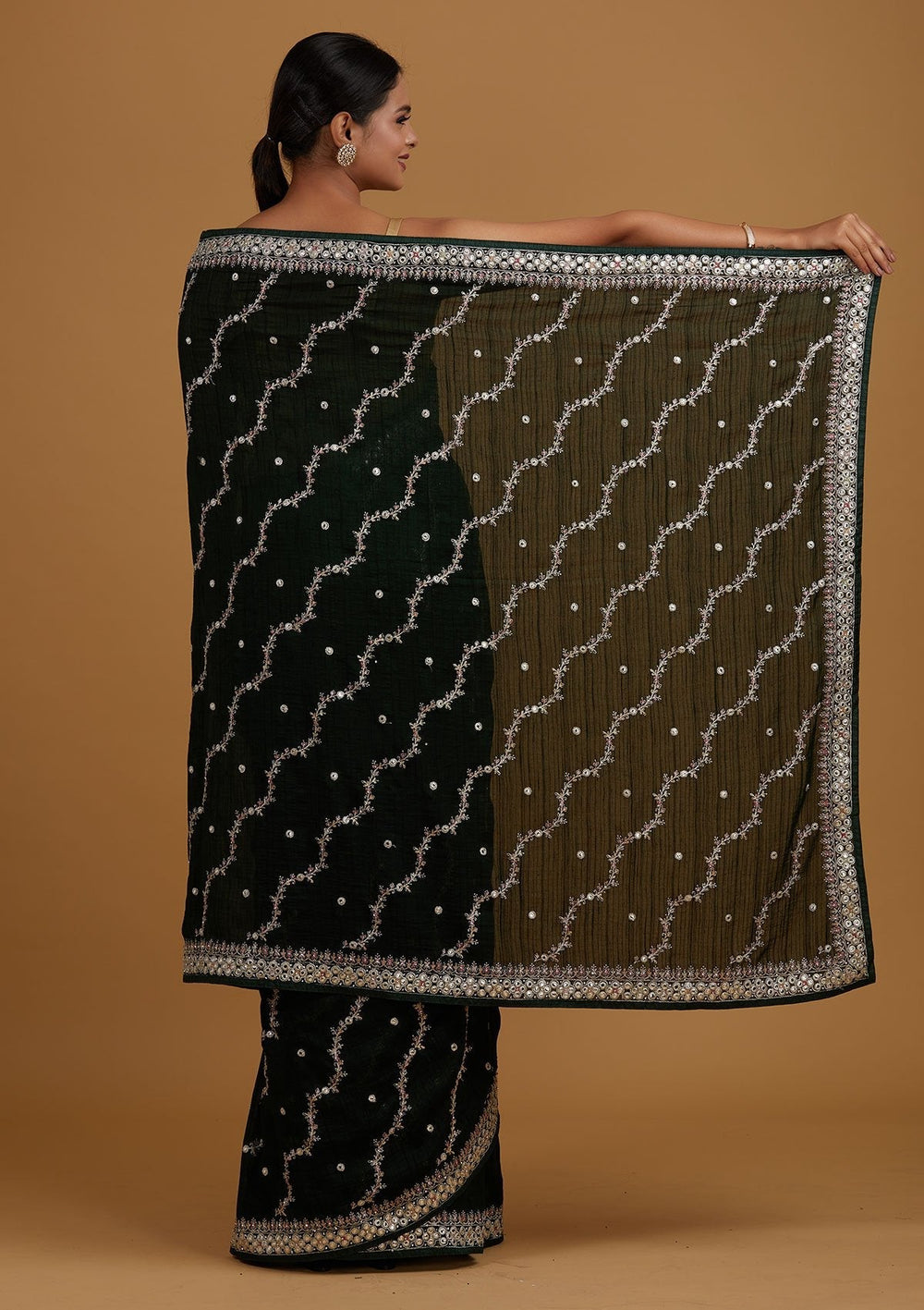 Bottle Green Silver Zariwork Raw Silk Designer Saree - Koskii