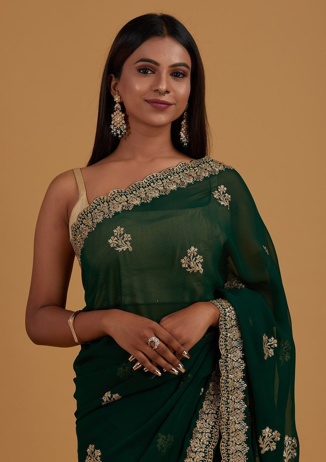 Bottle Green Zariwork Georgette Designer Saree - Koskii