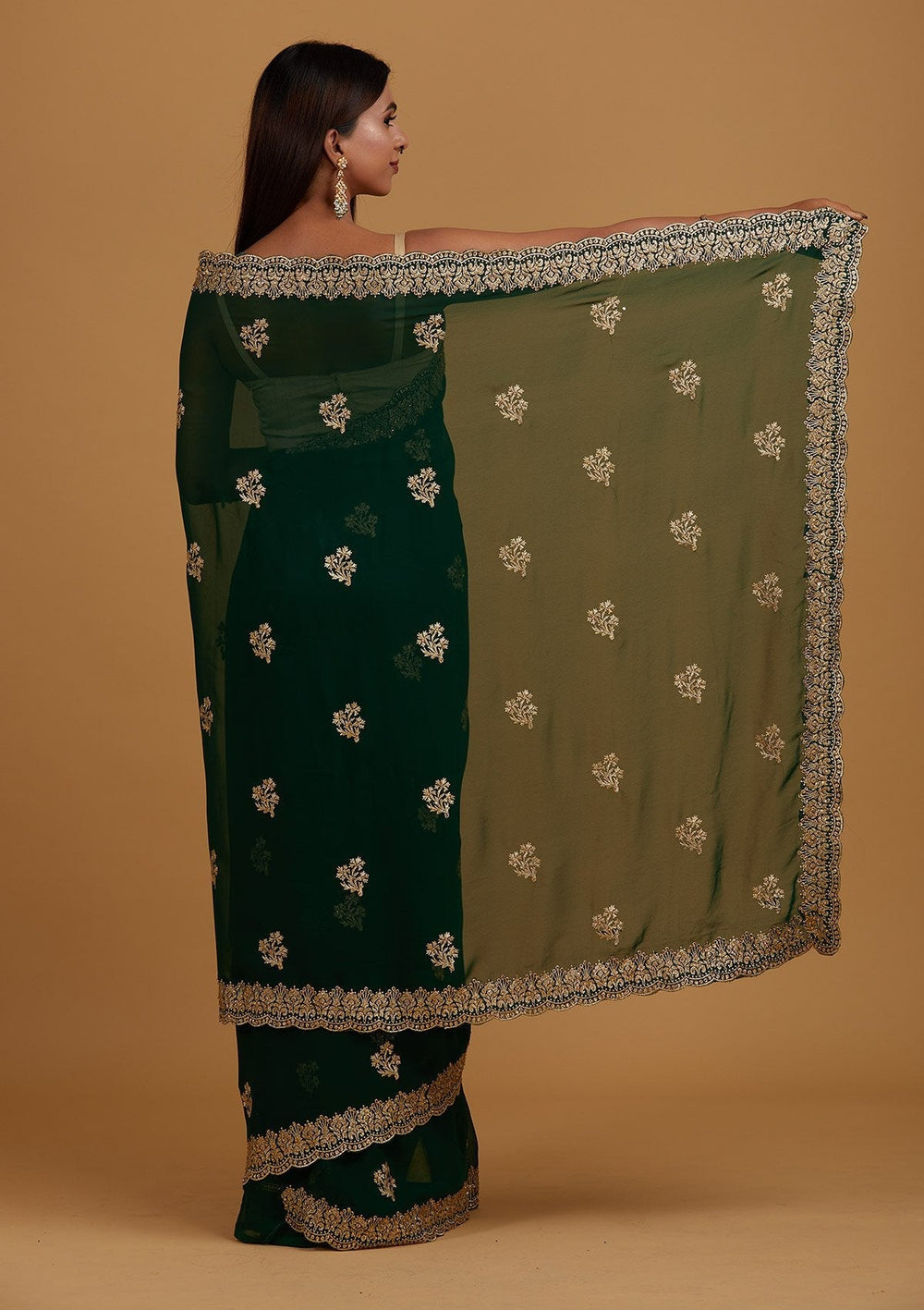 Bottle Green Zariwork Georgette Designer Saree - Koskii