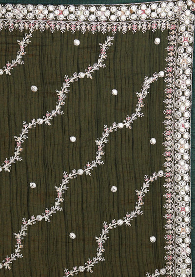 Bottle Green Silver Zariwork Raw Silk Designer Saree - Koskii