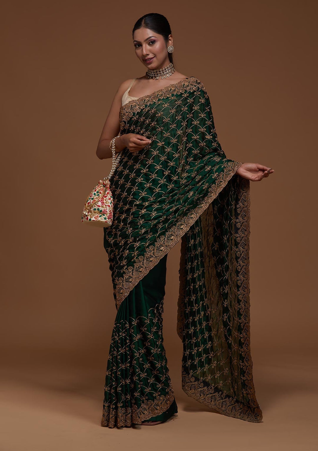 Bottle Green Zariwork Georgette Saree-Koskii