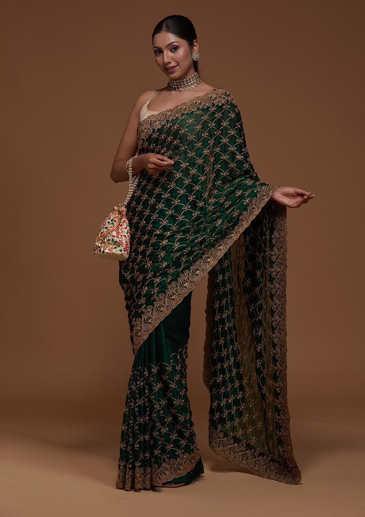 Bottle Green Zariwork Georgette Saree-Koskii