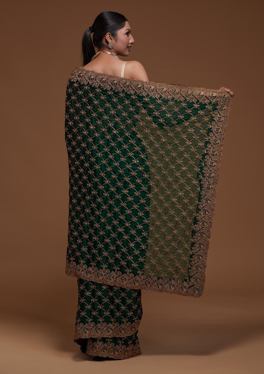 Bottle Green Zariwork Georgette Saree-Koskii