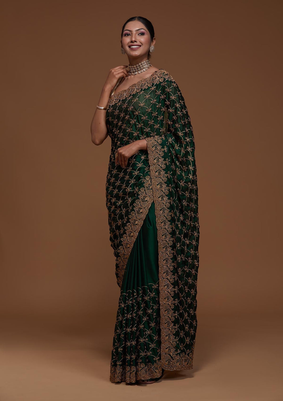 Bottle Green Zariwork Georgette Saree-Koskii