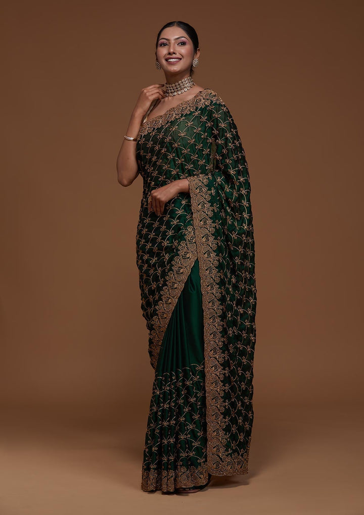 Bottle Green Zariwork Georgette Saree-Koskii