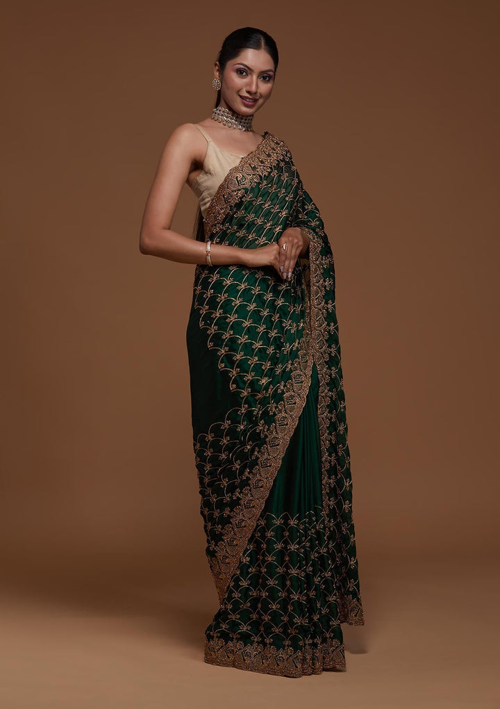 Bottle Green Zariwork Georgette Saree-Koskii